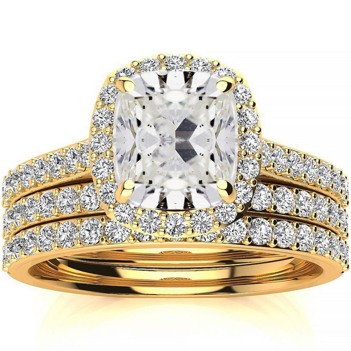 4 1/2 Carat Cushion Cut Halo Diamond Bridal Engagement Ring Set in 14K Yellow Gold (16 g), , Size 4 by SuperJeweler