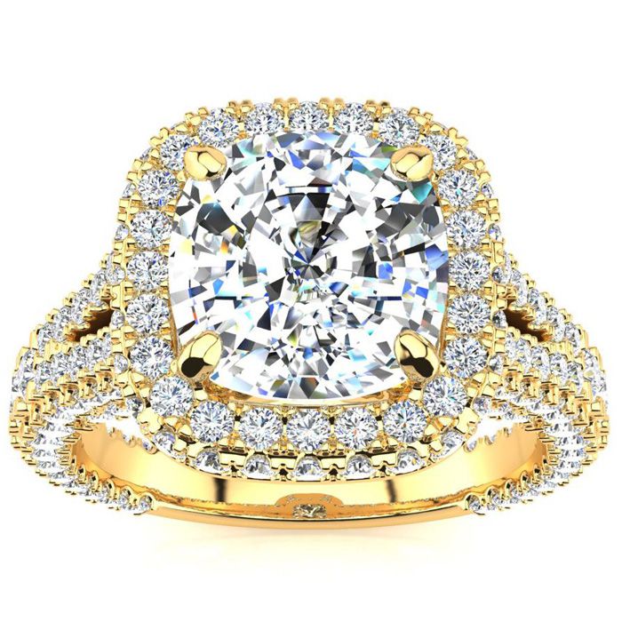 4 1/2 Carat Cushion Cut Halo Diamond Engagement Ring in 14K Yellow Gold (7.70 g), G-H Color, Size 4 by SuperJeweler