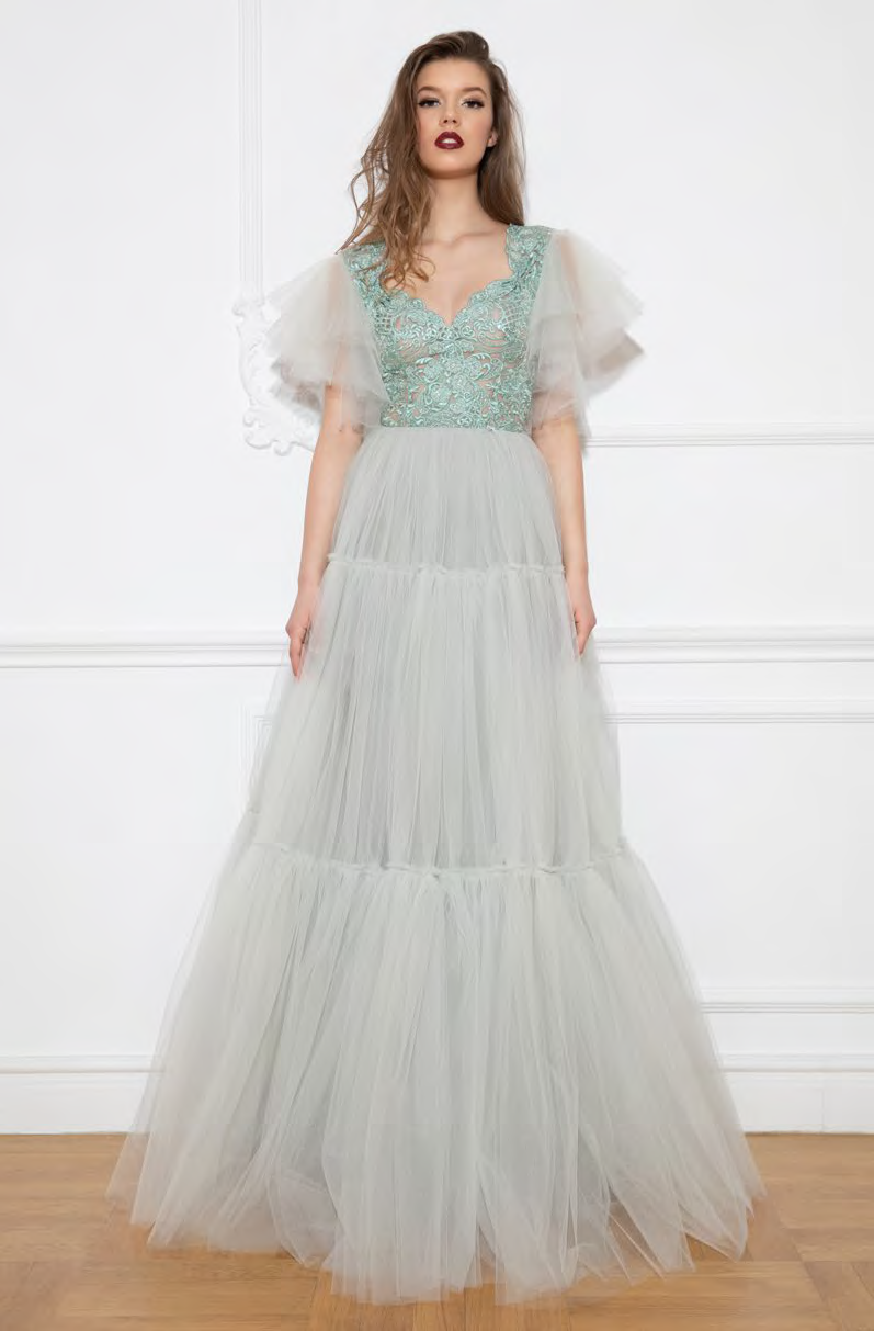 Cristallini - SKA950 Flutter Sleeve Illusion Lace Queen Anne Gown
