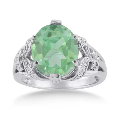 6 Carat Oval Green Amethyst & Diamond Ring Crafted in Solid 14K White Gold,  by SuperJeweler