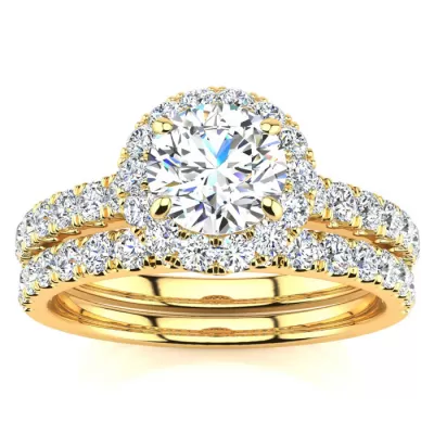 1.5 Carat Pave Halo Diamond Bridal Engagement Ring Set in 14k Yellow Gold,  by SuperJeweler