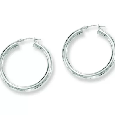 14K White Gold (3.4 g) Polish Finished 30mm Hoop Earrings w/ Hinge w/ Notched Closure by SuperJeweler