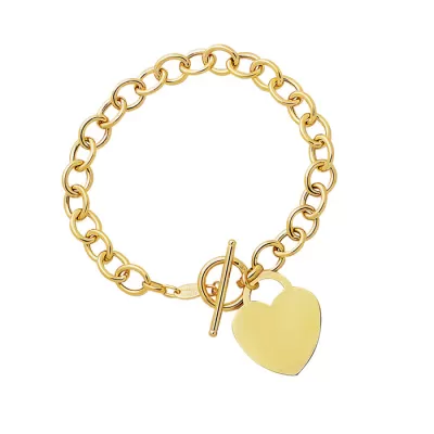 14K Yellow Gold (7.6 g) 7.5 Inch Shiny Round Chain Link Bracelet w/ Heart by SuperJeweler