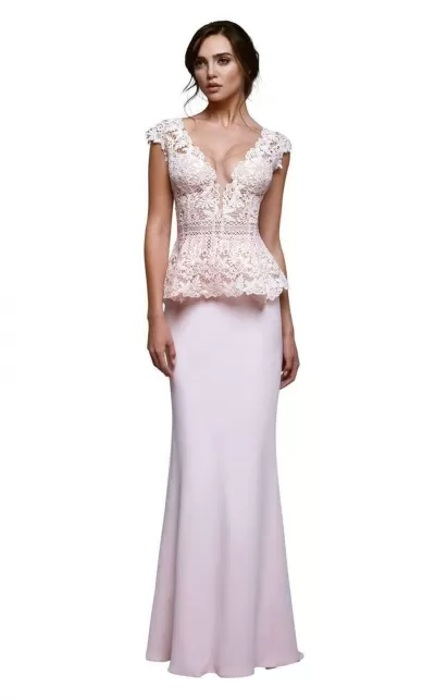 Beside Couture - BC1305 Guipure Lace Peplum Sheath Gown