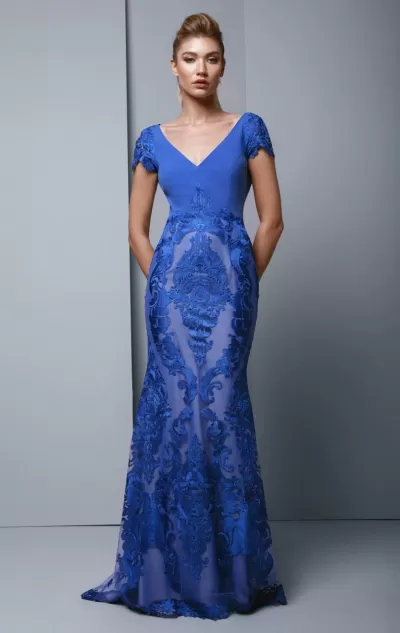 Beside Couture - BC1347 Embroidered Lace V-neck Trumpet Dress