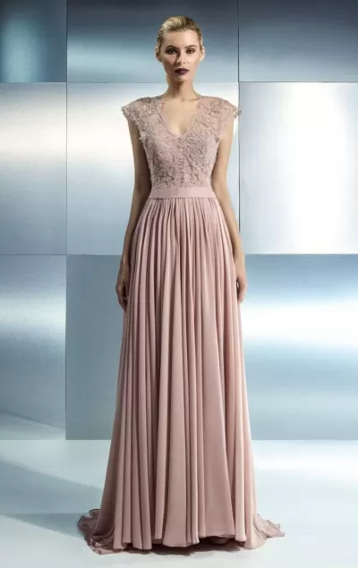 Beside Couture - CH1656 Ornate V-Neck Pleated Gown