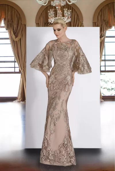Janique - W2073 Lace Embroidered Bell Sleeve Bateau Trumpet Dress