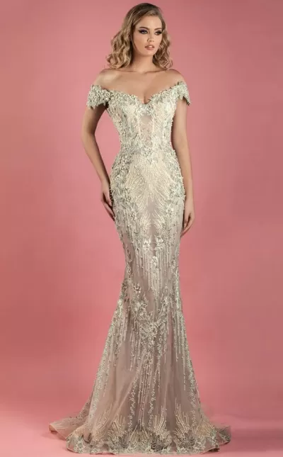 MNM Couture - K3555 Bedazzled Off-Shoulder Trumpet Dress