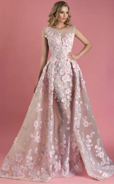 MNM Couture - K3558 Sheer Bateau Floral Applique Textured A-line Gown