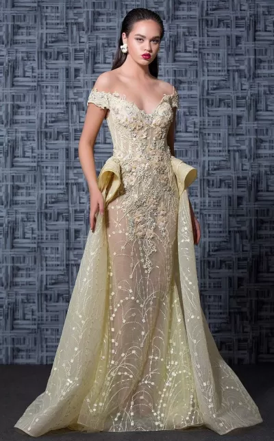 MNM Couture - K3589 Floral Applique Peplum Evening Gown