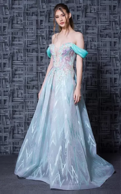 MNM COUTURE - K3605 Floral Lace Off-Shoulder A-Line Dress