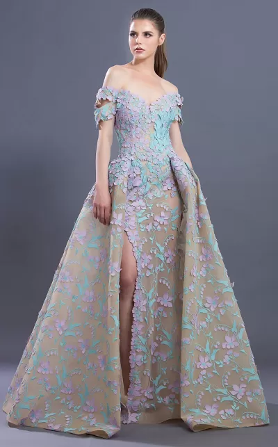 MNM COUTURE - K3637 Floral Applique Off-Shoulder A-line Dress