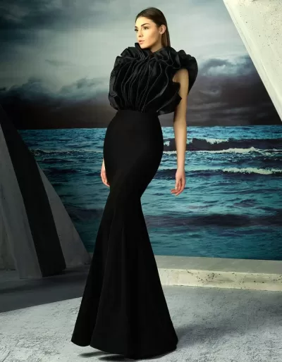 MNM Couture - Ruffled High Neck Trumpet Dress G0826