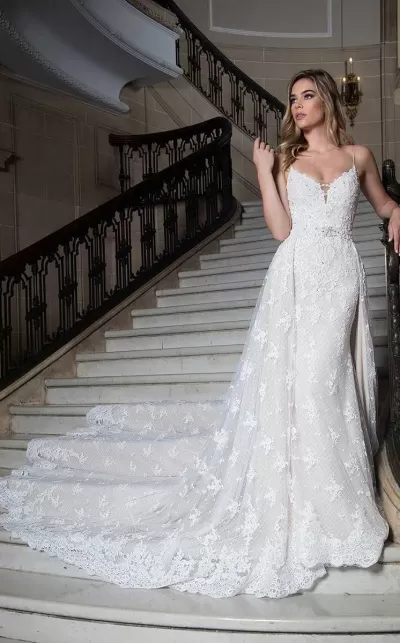 Rachel Allan Bridal - M614 Lace Illusion V-neck Dress With Overlay