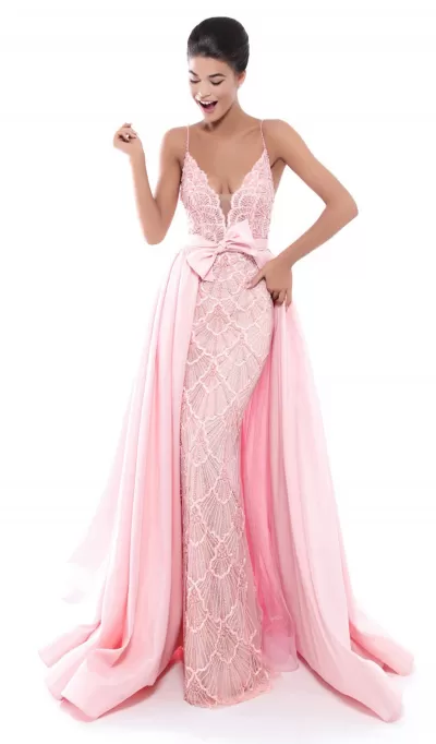 Tarik Ediz - 50452 Bedazzled Deep V-neck Dress With Overskirt