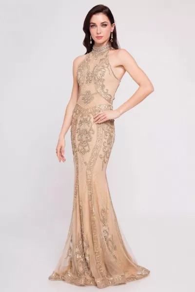 Terani Couture - 1811GL6433X Beaded Lace High Neckline Long Gown