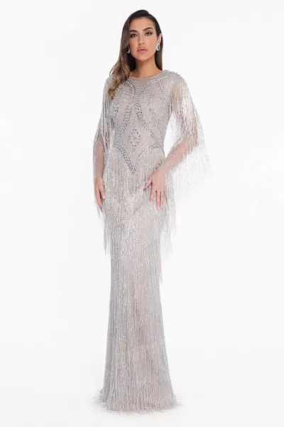 Terani Couture - 1821GL7441 Crystal Fringe Lon Sleeve Fitted Gown