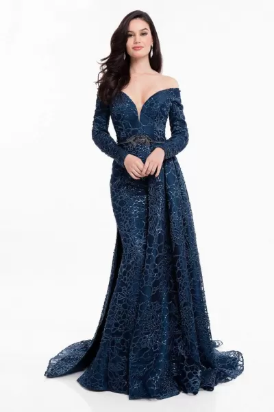 Terani Couture - 1821M7587 Long Sleeve Off Shoulder Overskirt Gown