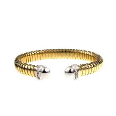 18K Yellow & White Gold Ribbed Cuff Bracelet w/ Diamonds by SuperJeweler