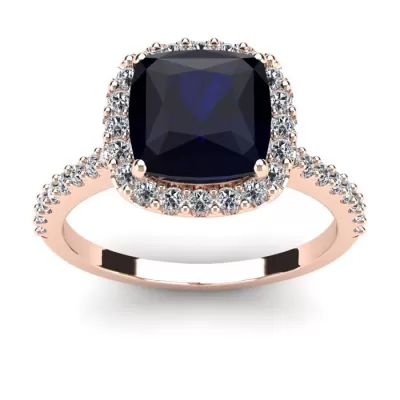 3 1/2 Carat Cushion Cut Sapphire & Halo Diamond Ring in 14K Rose Gold (4.5 g),  by SuperJeweler