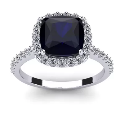 3 1/2 Carat Cushion Cut Sapphire & Halo Diamond Ring in 14K White Gold (4.5 g),  by SuperJeweler