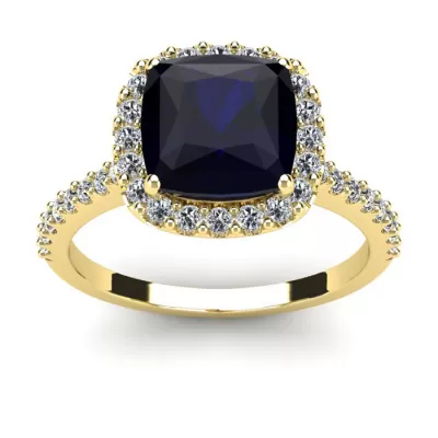 3 1/2 Carat Cushion Cut Sapphire & Halo Diamond Ring in 14K Yellow Gold (4.5 g),  by SuperJeweler