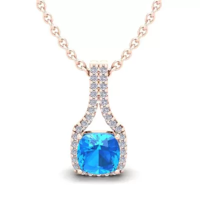 1 1/3 Carat Cushion Cut Blue Topaz & Classic Halo Diamond Necklace in 14K Rose Gold (2.1 g), 18 Inches,  by SuperJeweler