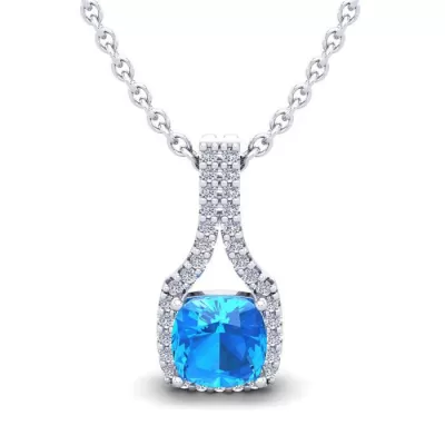 1 1/3 Carat Cushion Cut Blue Topaz & Classic Halo Diamond Necklace in 14K White Gold (2.1 g), 18 Inches,  by SuperJeweler