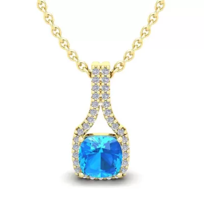 1 1/3 Carat Cushion Cut Blue Topaz & Classic Halo Diamond Necklace in 14K Yellow Gold (2.1 g), 18 Inches,  by SuperJeweler