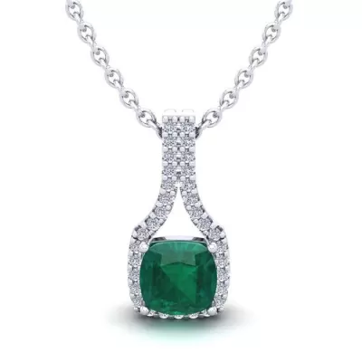 1 1/3 Carat Cushion Cut Emerald & Classic Halo Diamond Necklace in 14K White Gold (2.1 g), 18 Inches,  by SuperJeweler