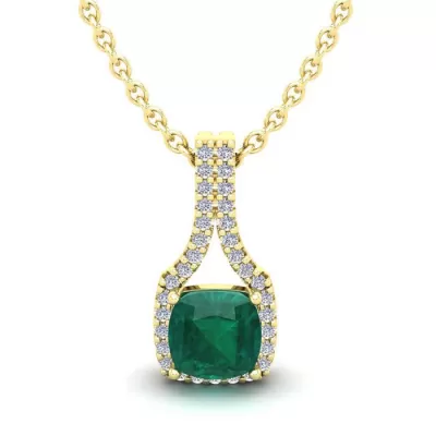 1 1/3 Carat Cushion Cut Emerald & Classic Halo Diamond Necklace in 14K Yellow Gold (2.1 g), 18 Inches,  by SuperJeweler
