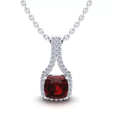 1 1/3 Carat Cushion Cut Garnet & Classic Halo Diamond Necklace in 14K White Gold (2.1 g), 18 Inches,  by SuperJeweler