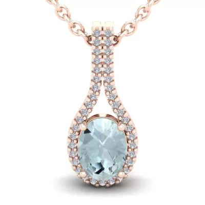 1 1/3 Carat Oval Shape Aquamarine & Halo Diamond Necklace in 14K Rose Gold (2.2 g), 18 Inches,  by SuperJeweler
