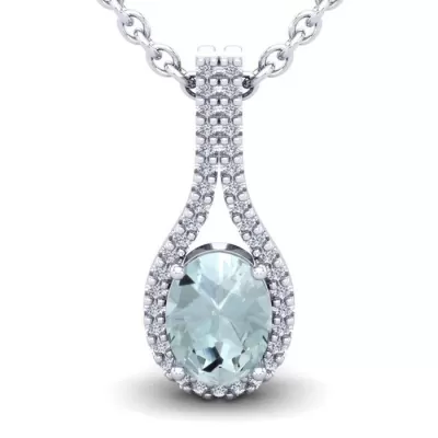 1 1/3 Carat Oval Shape Aquamarine & Halo Diamond Necklace in 14K White Gold (2.2 g), 18 Inches,  by SuperJeweler