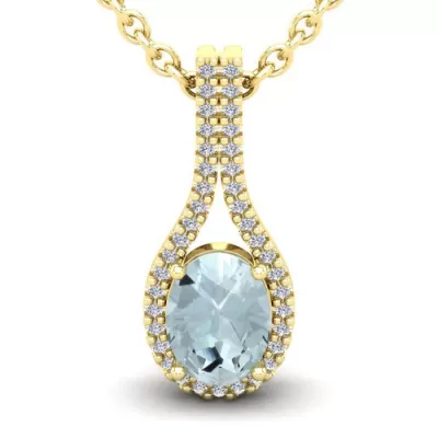 1 1/3 Carat Oval Shape Aquamarine & Halo Diamond Necklace in 14K Yellow Gold (2.2 g), 18 Inches,  by SuperJeweler