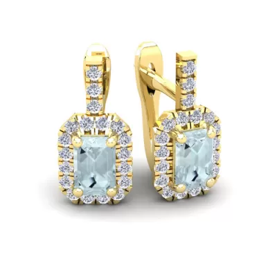 1 2/3 Carat Emerald Cut Aquamarine & Halo Diamond Dangle Earrings in 14K Yellow Gold (3.4 g),  by SuperJeweler