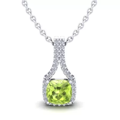 1.25 Carat Cushion Cut Peridot & Classic Halo Diamond Necklace in 14K White Gold (2.1 g), 18 Inches,  by SuperJeweler