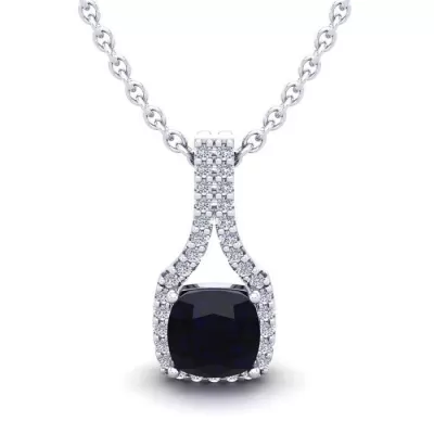 1.25 Carat Cushion Cut Sapphire & Classic Halo Diamond Necklace in 14K White Gold (2.1 g), 18 Inches,  by SuperJeweler