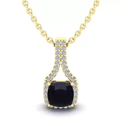 1.25 Carat Cushion Cut Sapphire & Classic Halo Diamond Necklace in 14K Yellow Gold (2.1 g), 18 Inches,  by SuperJeweler