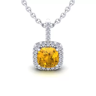 1 3/4 Carat Cushion Cut Citrine & Halo Diamond Necklace in 14K White Gold (2 g), 18 Inches,  by SuperJeweler