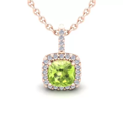 1 3/4 Carat Cushion Cut Peridot & Halo Diamond Necklace in 14K Rose Gold (2 g), 18 Inches,  by SuperJeweler