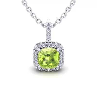 1 3/4 Carat Cushion Cut Peridot & Halo Diamond Necklace in 14K White Gold (2 g), 18 Inches,  by SuperJeweler