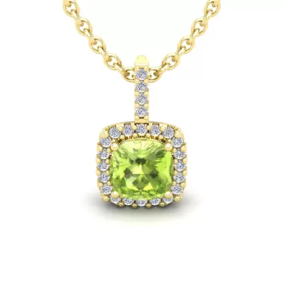 1 3/4 Carat Cushion Cut Peridot & Halo Diamond Necklace in 14K Yellow Gold (2 g), 18 Inches,  by SuperJeweler