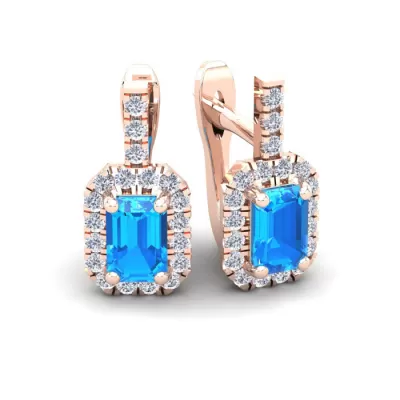 1 3/4 Carat Emerald Cut Blue Topaz & Halo Diamond Dangle Earrings in 14K Rose Gold (3.4 g),  by SuperJeweler