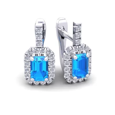 1 3/4 Carat Emerald Cut Blue Topaz & Halo Diamond Dangle Earrings in 14K White Gold (3.4 g),  by SuperJeweler