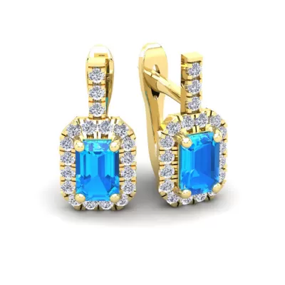 1 3/4 Carat Emerald Cut Blue Topaz & Halo Diamond Dangle Earrings in 14K Yellow Gold (3.4 g),  by SuperJeweler