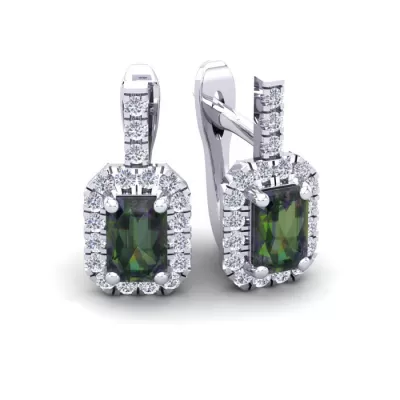 1 3/4 Carat Emerald Cut Mystic Topaz & Halo Diamond Dangle Earrings in 14K White Gold (3.4 g),  by SuperJeweler