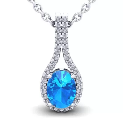 1 3/4 Carat Oval Shape Blue Topaz & Halo Diamond Necklace in 14K White Gold (2.2 g), 18 Inches,  by SuperJeweler