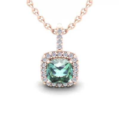 1.5 Carat Cushion Cut Green Amethyst & Halo Diamond Necklace in 14K Rose Gold (2 g), 18 Inches,  by SuperJeweler