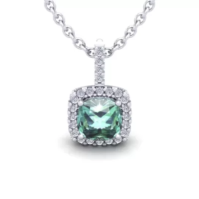 1.5 Carat Cushion Cut Green Amethyst & Halo Diamond Necklace in 14K White Gold (2 g), 18 Inches,  by SuperJeweler